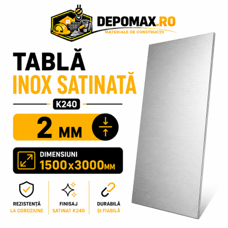 Tabla inox satinata K240 AISI 304/304L, 2 x 1500 x 3000 mm, 4.5 mp